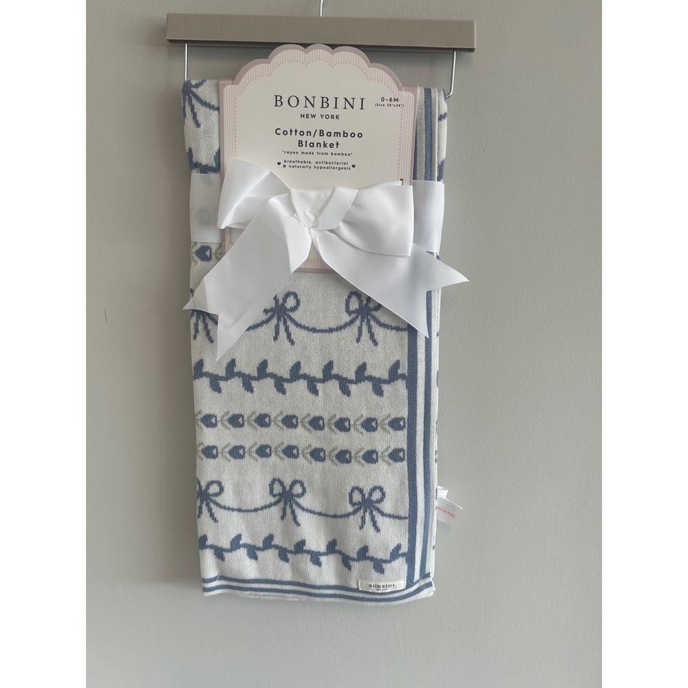 Bonbini New York Baby‎ Blanket 0-6M Cotton Bamboo Blue White Knit Soft